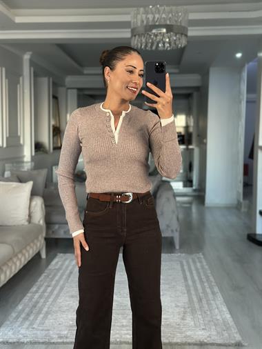 Vizon Çift Renk Ribanalı Fitilli Triko Kadın Bluz