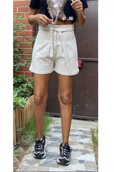 Vizon Çizgili Keten Şort