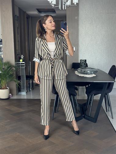 Vizon Çizgili Orjinal Marka Bağcık Detay Şal Yaka Ceket Pantolon Kadın Alt Üst Takım