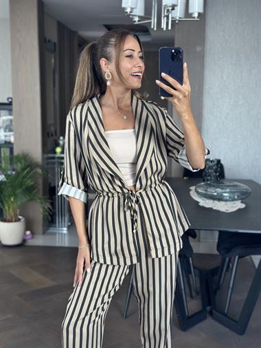 Vizon Çizgili Orjinal Marka Bağcık Detay Şal Yaka Ceket Pantolon Kadın Alt Üst Takım