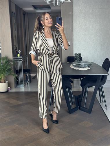 Vizon Çizgili Orjinal Marka Bağcık Detay Şal Yaka Ceket Pantolon Kadın Alt Üst Takım