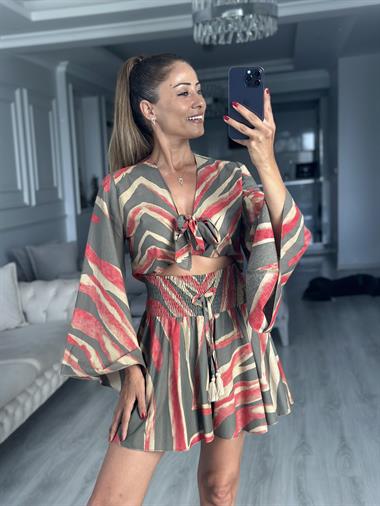 Vizon Desenli Bağlamalı Bluz Beli Gipeli Şort Kadın Alt Üst Takım