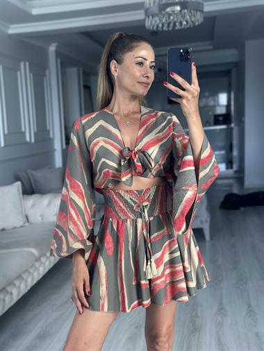 Vizon Desenli Bağlamalı Bluz Beli Gipeli Şort Kadın Alt Üst Takım