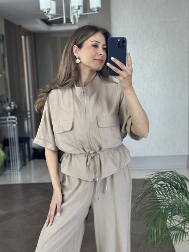 Vizon Dokulu Beli Bağcıklı Ceket Pantolon Kadın Alt Üst Takım