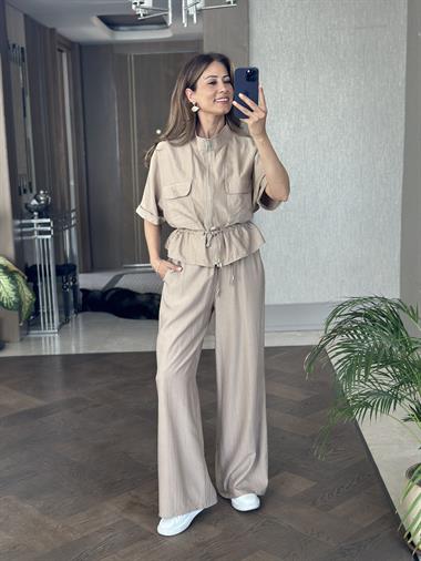 Vizon Dokulu Beli Bağcıklı Ceket Pantolon Kadın Alt Üst Takım