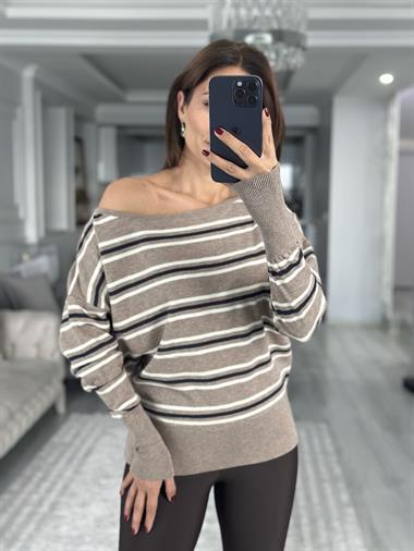 Vizon Ekru Çizgili Tek Omzu Açık Kadın Kazak