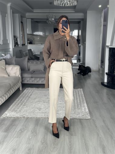 Vizon Fermuarlı Kemerli Düğmeli Yünlü Kadın Ceket