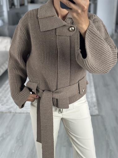 Vizon Fermuarlı Kemerli Düğmeli Yünlü Kadın Ceket