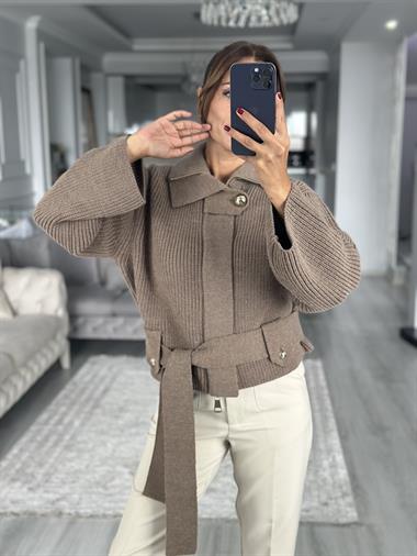 Vizon Fermuarlı Kemerli Düğmeli Yünlü Kadın Ceket