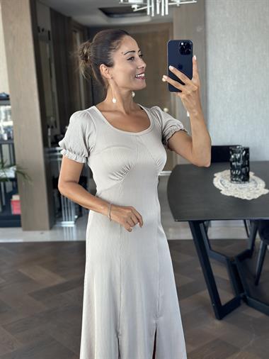 Vizon Fitilli Örme Kumaş Prenses Kol Yırtmaçlı Kadın Elbise