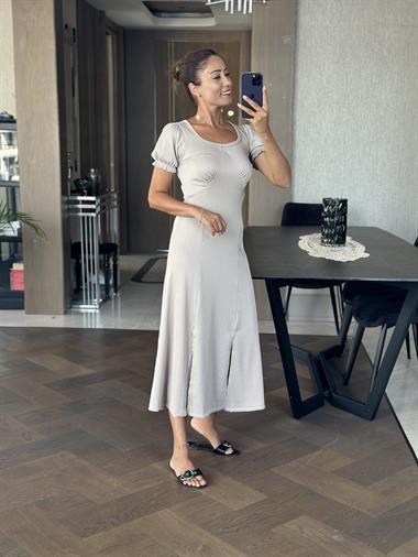 Vizon Fitilli Örme Kumaş Prenses Kol Yırtmaçlı Kadın Elbise