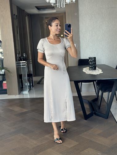 Vizon Fitilli Örme Kumaş Prenses Kol Yırtmaçlı Kadın Elbise