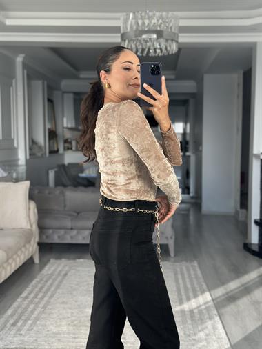 Vizon Kadife Dokulu Bisiklet Yaka Transparan Kadın Bluz