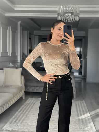 Vizon Kadife Dokulu Bisiklet Yaka Transparan Kadın Bluz