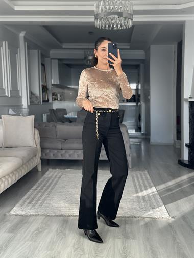 Vizon Kadife Dokulu Bisiklet Yaka Transparan Kadın Bluz