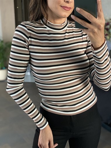 Vizon Kahve Çizgili Bisiklet Yaka Kadın Bluz