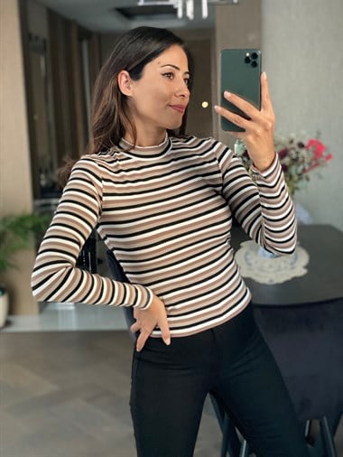 Vizon Kahve Çizgili Bisiklet Yaka Kadın Bluz