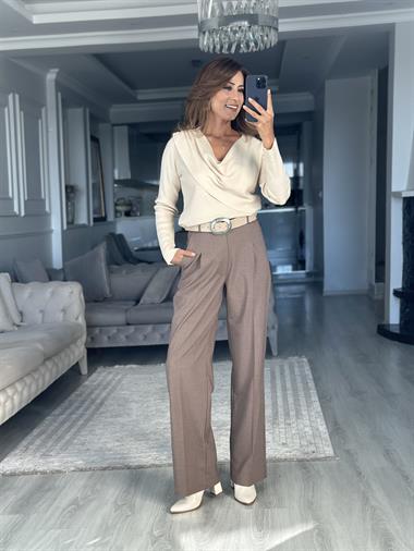 Vizon Karol Kancalı Bol Paça Kadın Kumaş Pantolon