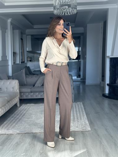 Vizon Karol Kancalı Bol Paça Kadın Kumaş Pantolon