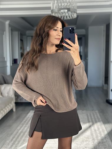 Vizon Kayık Yaka Basic Kadın Triko Kazak