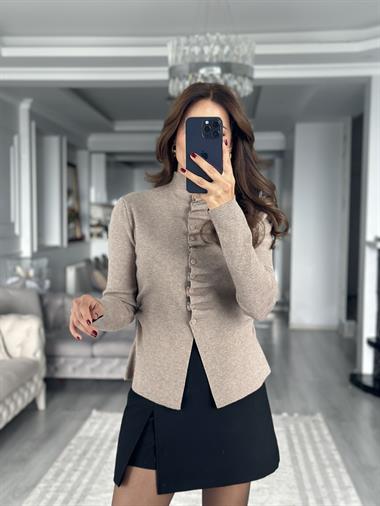 Vizon Kendinden Büzgülü Düğmeli Kadın Triko Hırka