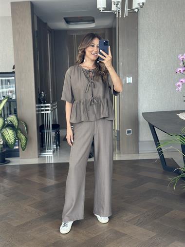 Vizon Kısa Kol Önü Bağlamalı Bluz Cepsiz Pantolon Kadın İkili Takım