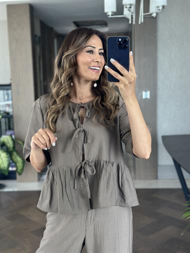 Vizon Kısa Kol Önü Bağlamalı Bluz Cepsiz Pantolon Kadın İkili Takım