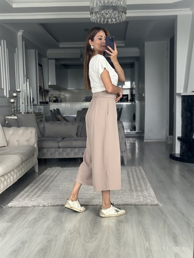 Vizon Krep Kumaş Arka Beli Lastikli Kadın Etek Pantolon