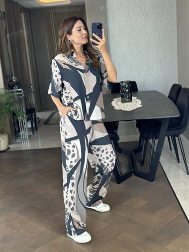 Vizon Lacivert Desen Kısa Kol Gömlek Pantolon Kadın Alt Üst Takım