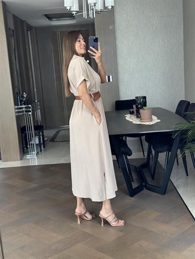 Vizon Ön Ve Arka Pileli Kısa Kol Kemerli Kadın Gömlek Elbise