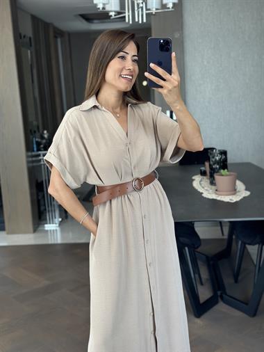 Vizon Ön Ve Arka Pileli Kısa Kol Kemerli Kadın Gömlek Elbise