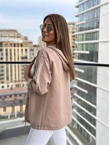 Vizon Önü Yıldız İşlemeli Kapüşonlu Keten Aerobin Kadın Ceket