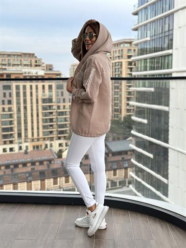 Vizon Önü Yıldız İşlemeli Kapüşonlu Keten Aerobin Kadın Ceket