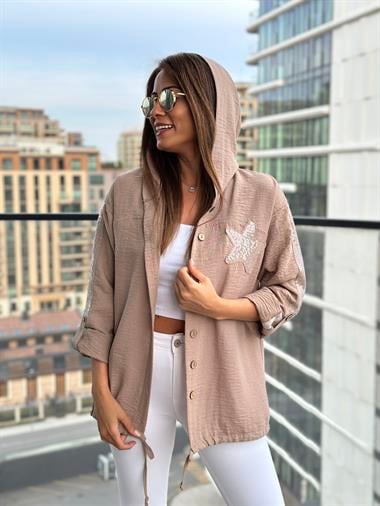 Vizon Önü Yıldız İşlemeli Kapüşonlu Keten Aerobin Kadın Ceket