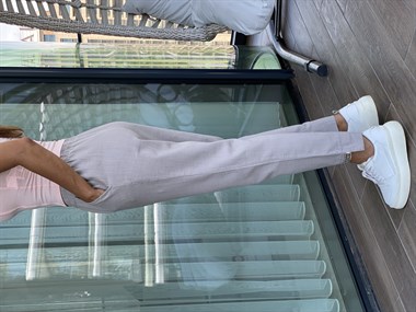 Vizon Paçası İşleme Detay Ham Keten Kadın Pantolon