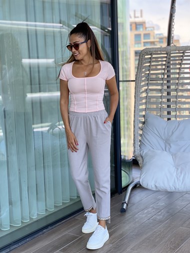 Vizon Paçası İşleme Detay Ham Keten Kadın Pantolon