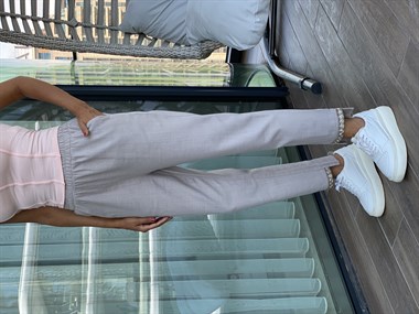 Vizon Paçası İşleme Detay Ham Keten Kadın Pantolon