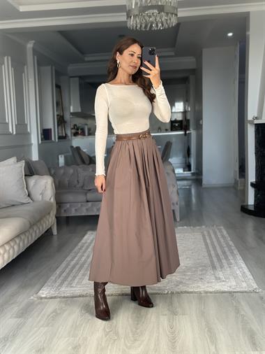 Vizon Poplin Kumaş Cepli Midi Boy Kadın Etek