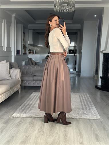 Vizon Poplin Kumaş Cepli Midi Boy Kadın Etek