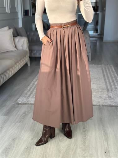 Vizon Poplin Kumaş Cepli Midi Boy Kadın Etek