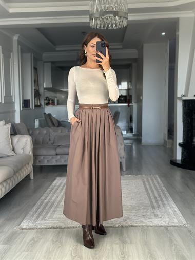 Vizon Poplin Kumaş Cepli Midi Boy Kadın Etek