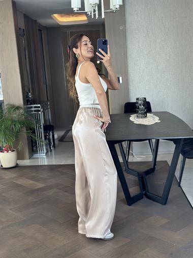 Vizon Saten Beli Varaklı Bağcıklı Kadın Pantolon