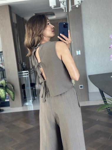 Vizon Sıfır Kol Arkası Bağcıklı Bluz Pantolon Kadın İkili Takım