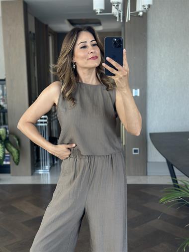 Vizon Sıfır Kol Arkası Bağcıklı Bluz Pantolon Kadın İkili Takım