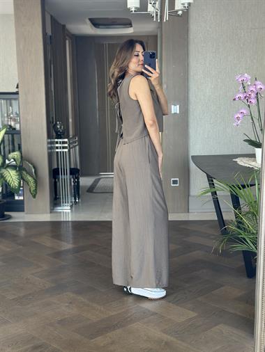 Vizon Sıfır Kol Arkası Bağcıklı Bluz Pantolon Kadın İkili Takım