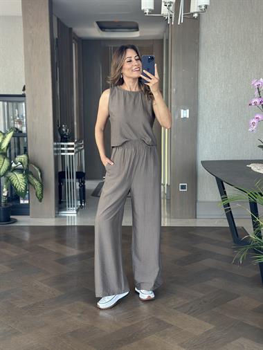 Vizon Sıfır Kol Arkası Bağcıklı Bluz Pantolon Kadın İkili Takım