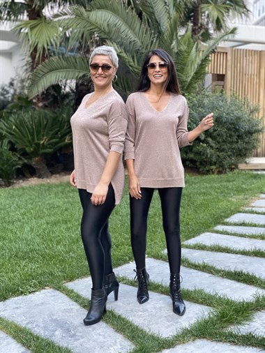 Vizon Simli V Yaka Merserize Kadın Bluz