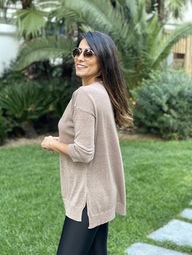 Vizon Simli V Yaka Merserize Kadın Bluz