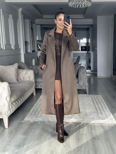 Vizon Soft Touch Kuşaklı Kadın Kaşe Kaban