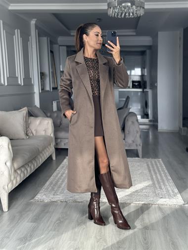 Vizon Soft Touch Kuşaklı Kadın Kaşe Kaban